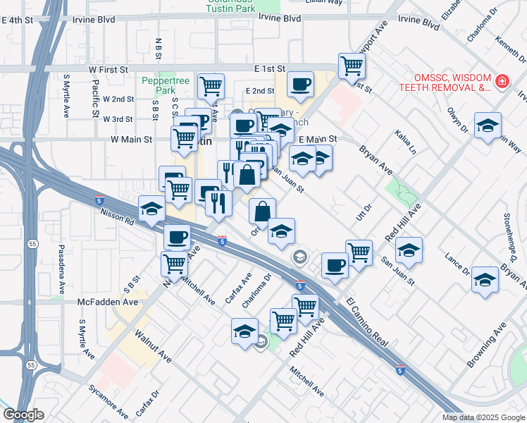map of restaurants, bars, coffee shops, grocery stores, and more near 1097 Bonita Street in Tustin