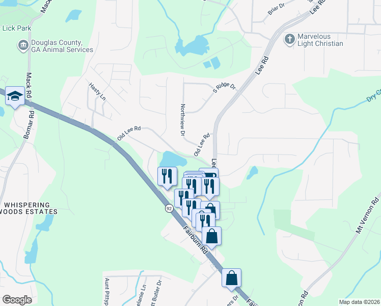 map of restaurants, bars, coffee shops, grocery stores, and more near 8930 Old Lee Road in Lithia Springs
