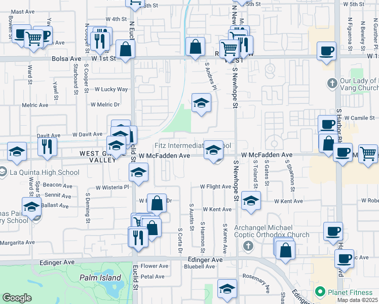 map of restaurants, bars, coffee shops, grocery stores, and more near 4801 West McFadden Avenue in Santa Ana
