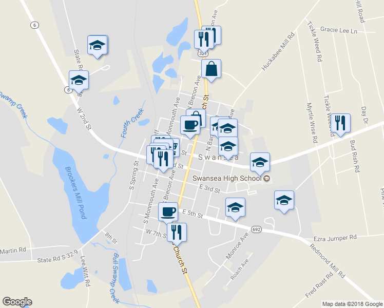 map of restaurants, bars, coffee shops, grocery stores, and more near 100 U.S. 321 in Swansea