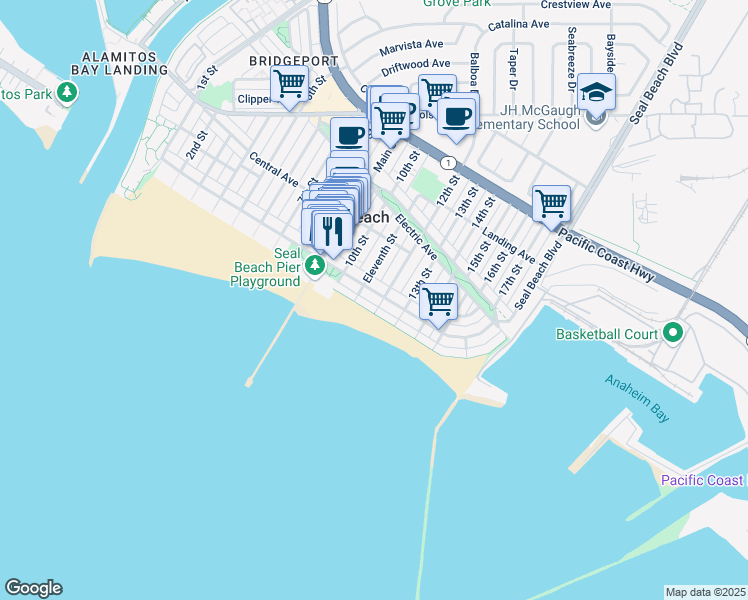 map of restaurants, bars, coffee shops, grocery stores, and more near 1112 Ocean Avenue in Seal Beach