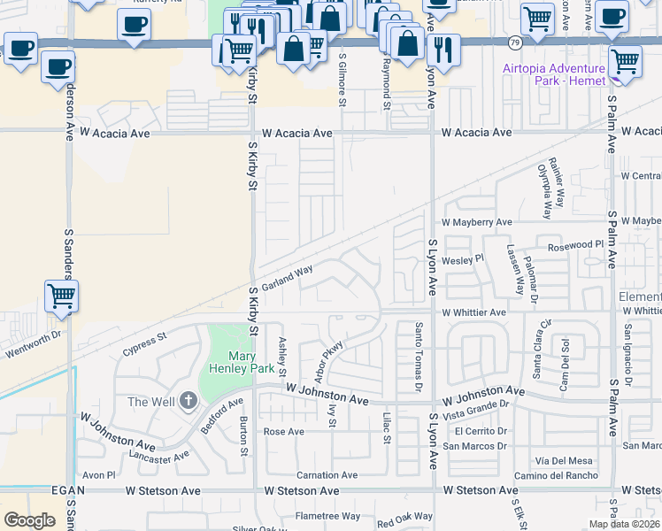 map of restaurants, bars, coffee shops, grocery stores, and more near 2229 Garland Way in Hemet
