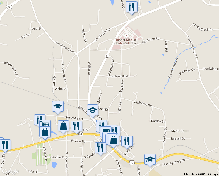 map of restaurants, bars, coffee shops, grocery stores, and more near 91 Cross Creek Court in Villa Rica