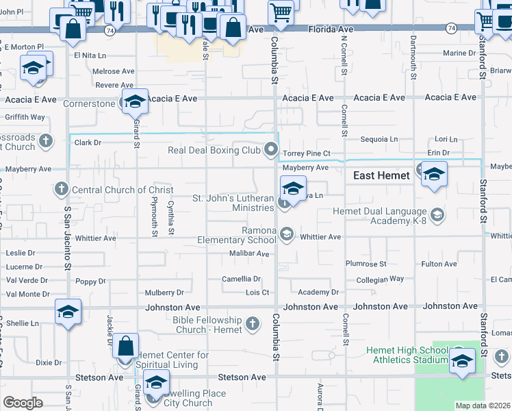 map of restaurants, bars, coffee shops, grocery stores, and more near 26397 Katharin Street in Hemet