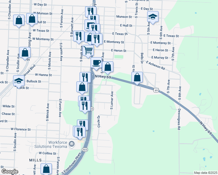 map of restaurants, bars, coffee shops, grocery stores, and more near 109 East Prospect Street in Denison