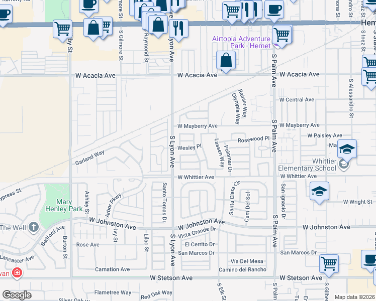 map of restaurants, bars, coffee shops, grocery stores, and more near 1561 Wesley Place in Hemet
