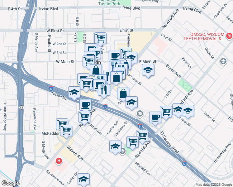 map of restaurants, bars, coffee shops, grocery stores, and more near 1052 Bonita Street in Tustin