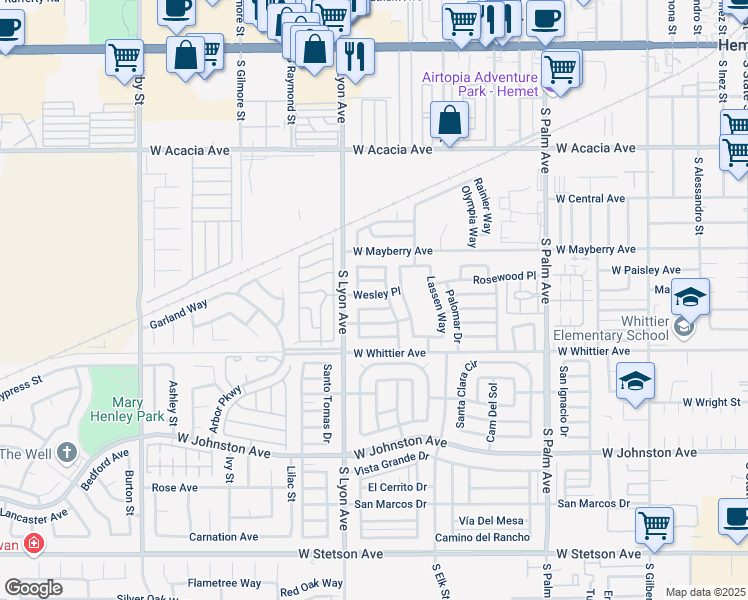 map of restaurants, bars, coffee shops, grocery stores, and more near 1561 Wesley Place in Hemet