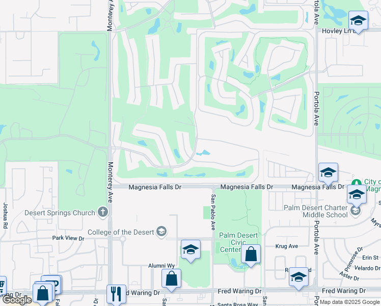 map of restaurants, bars, coffee shops, grocery stores, and more near 212 Seville Circle in Palm Desert