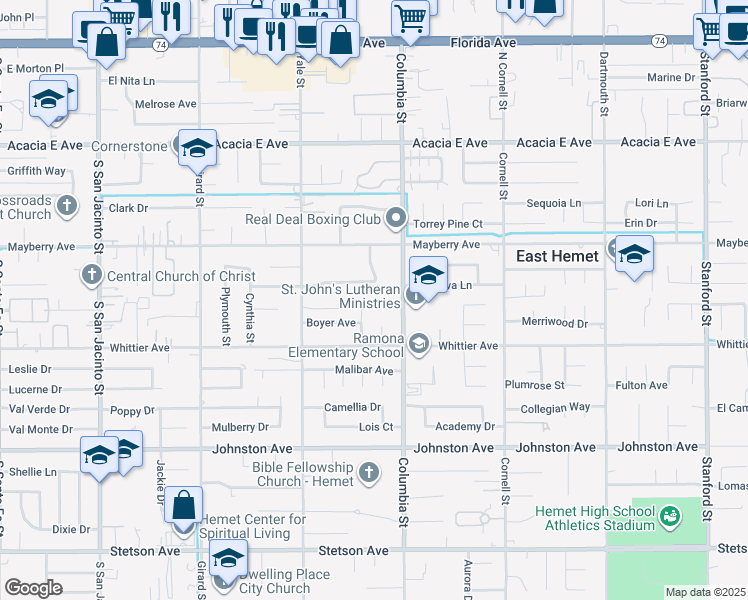 map of restaurants, bars, coffee shops, grocery stores, and more near 26433 Katharin Street in Hemet