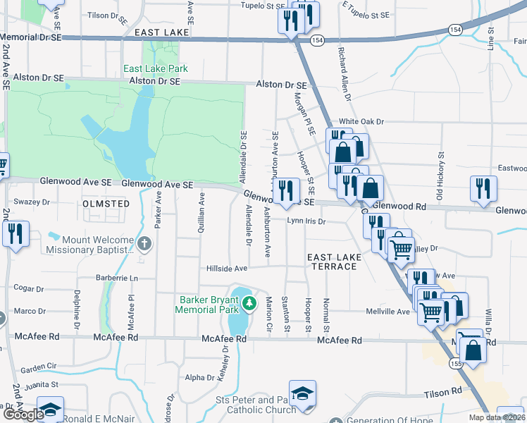 map of restaurants, bars, coffee shops, grocery stores, and more near 511 Ashburton Avenue in Decatur