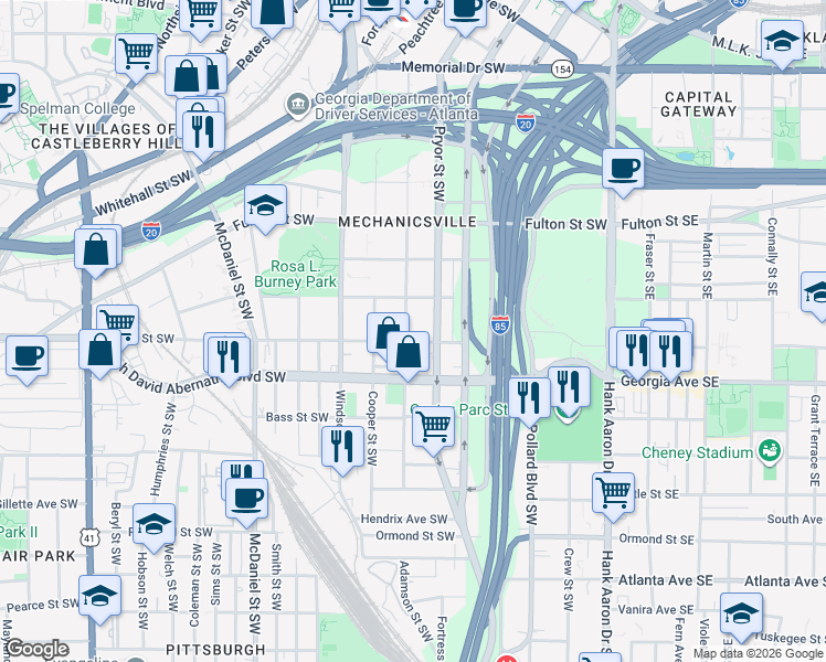 map of restaurants, bars, coffee shops, grocery stores, and more near 268 Glenn Street Southwest in Atlanta