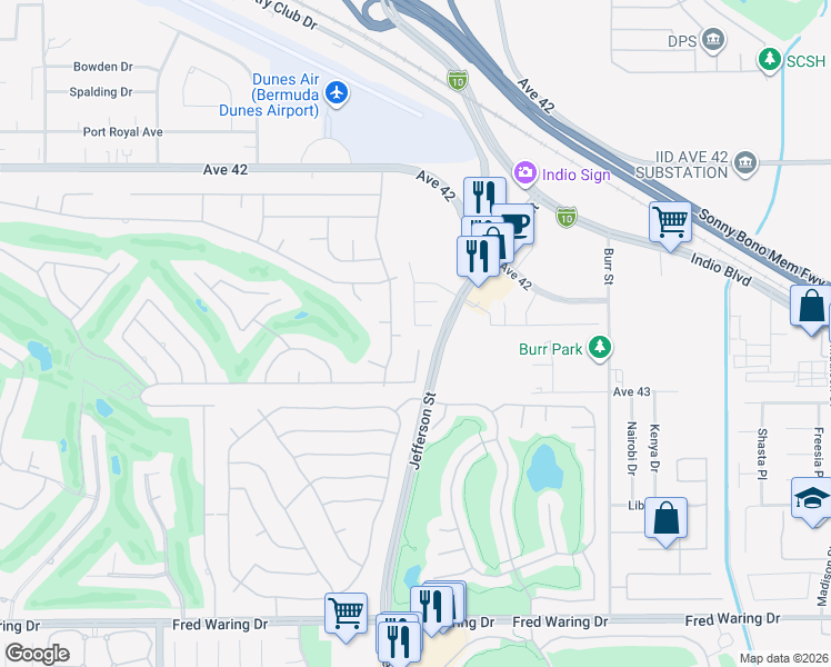 map of restaurants, bars, coffee shops, grocery stores, and more near 42787 Rachel Court in Indio