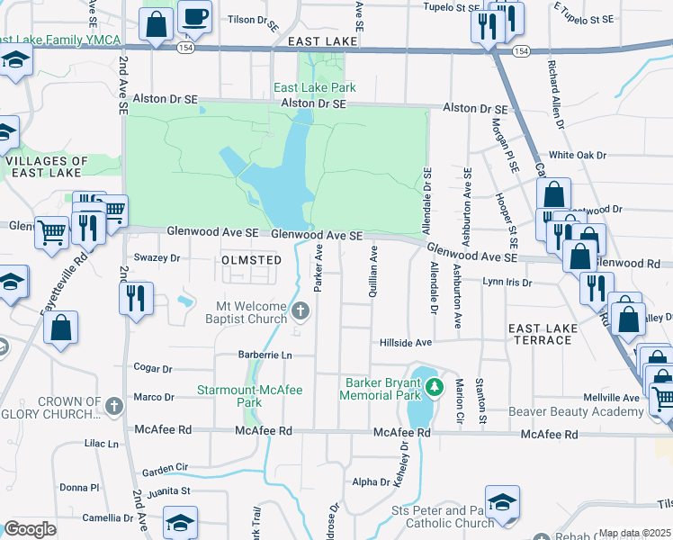 map of restaurants, bars, coffee shops, grocery stores, and more near 517 Daniel Avenue in Decatur