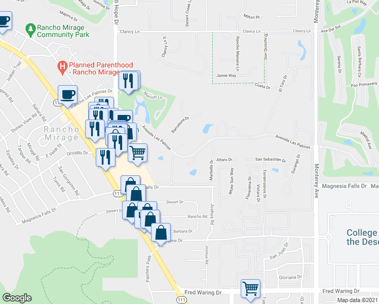 map of restaurants, bars, coffee shops, grocery stores, and more near 40 Ave Las Palmas in Rancho Mirage
