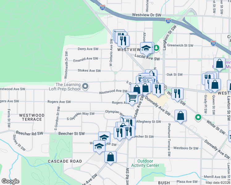 map of restaurants, bars, coffee shops, grocery stores, and more near 1584 Westwood Avenue Southwest in Atlanta