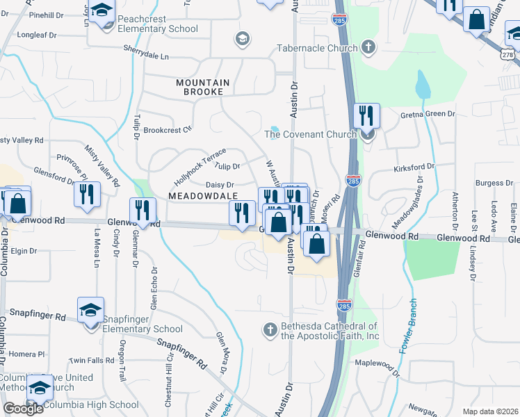 map of restaurants, bars, coffee shops, grocery stores, and more near 4468 Glenwood Road in Decatur