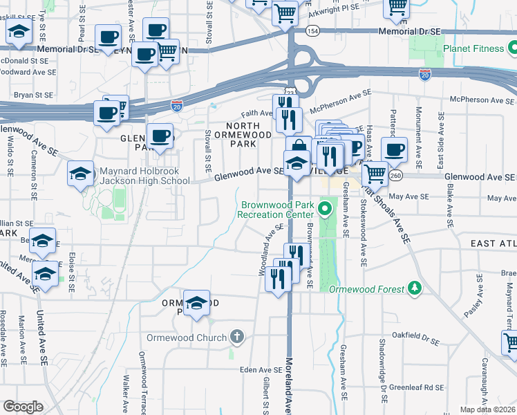 map of restaurants, bars, coffee shops, grocery stores, and more near 1110 Moreland Place Southeast in Atlanta
