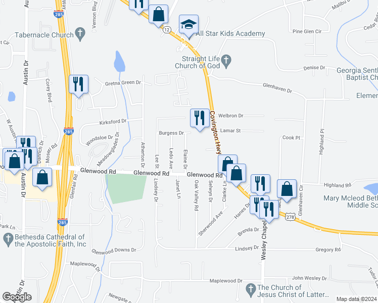 map of restaurants, bars, coffee shops, grocery stores, and more near 1796 Elaine Drive in Decatur