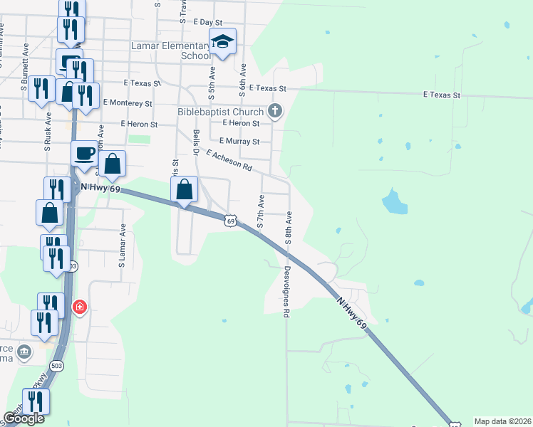 map of restaurants, bars, coffee shops, grocery stores, and more near 720 East Bullock Street in Denison
