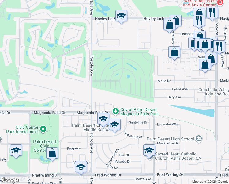map of restaurants, bars, coffee shops, grocery stores, and more near 42651 Vanadium Place in Palm Desert