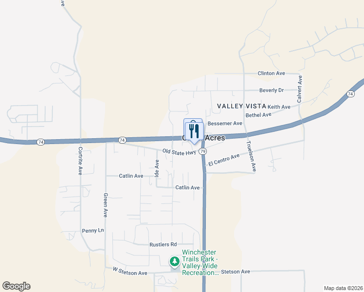 map of restaurants, bars, coffee shops, grocery stores, and more near 33363 Old State Highway in Hemet