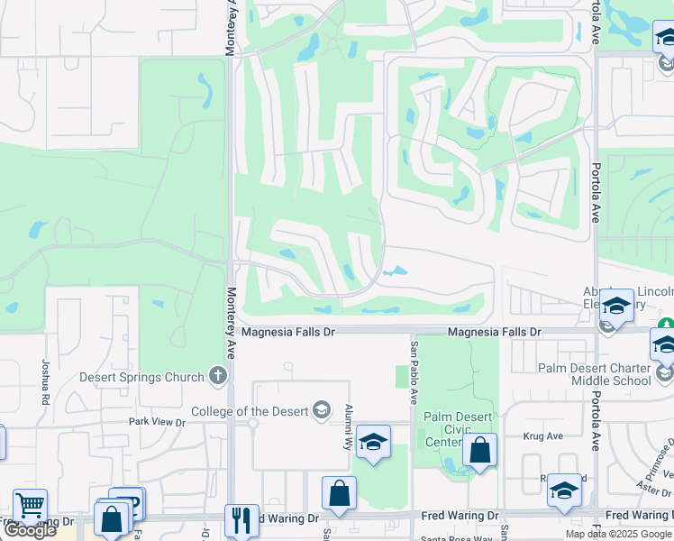 map of restaurants, bars, coffee shops, grocery stores, and more near 204 Madrid Avenue in Palm Desert