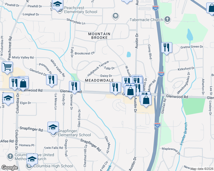 map of restaurants, bars, coffee shops, grocery stores, and more near 4384 Glenwood Parkway in Decatur