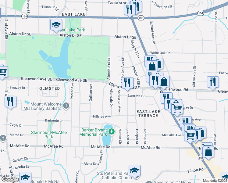 map of restaurants, bars, coffee shops, grocery stores, and more near 523 Ashburton Avenue in Decatur