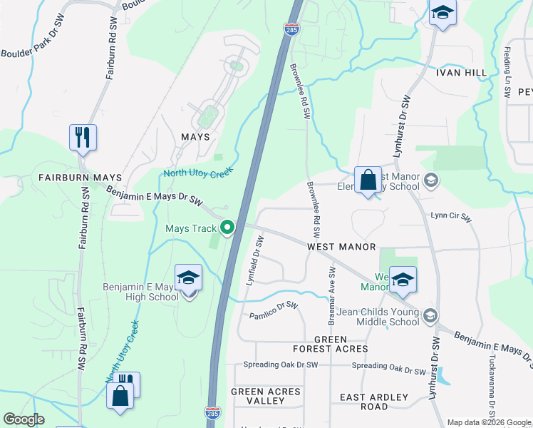 map of restaurants, bars, coffee shops, grocery stores, and more near 3411 Benjamin E Mays Drive Southwest in Atlanta