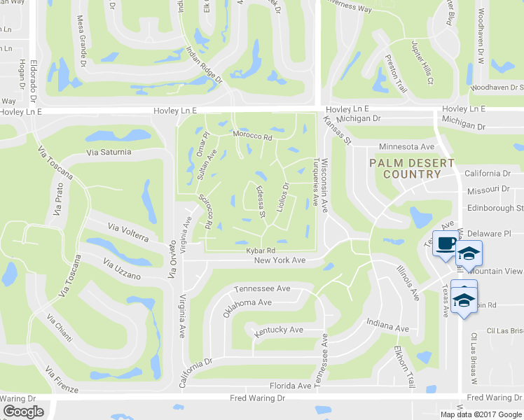 map of restaurants, bars, coffee shops, grocery stores, and more near Edessa Street in Palm Desert