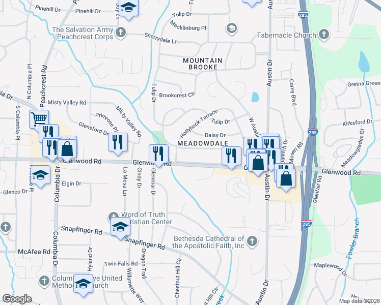map of restaurants, bars, coffee shops, grocery stores, and more near 4316 Glenwood Parkway in Decatur