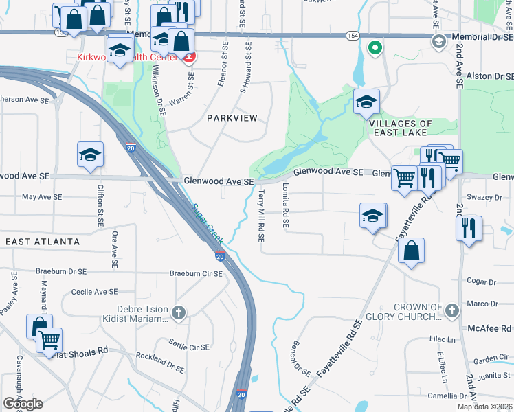 map of restaurants, bars, coffee shops, grocery stores, and more near 1597 Terry Mill Road Southeast in Atlanta
