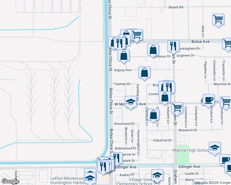 map of restaurants, bars, coffee shops, grocery stores, and more near 5032 Galway Circle in Huntington Beach