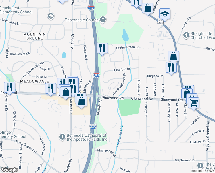 map of restaurants, bars, coffee shops, grocery stores, and more near 4600 Glenwood Road in Decatur