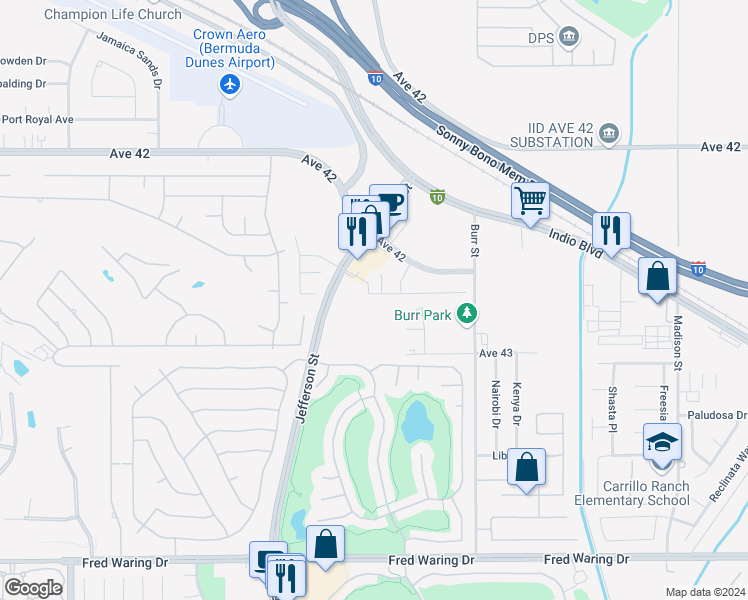 map of restaurants, bars, coffee shops, grocery stores, and more near Anacapa Drive in Indio