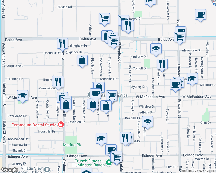 map of restaurants, bars, coffee shops, grocery stores, and more near 15432 Electronic Lane in Huntington Beach