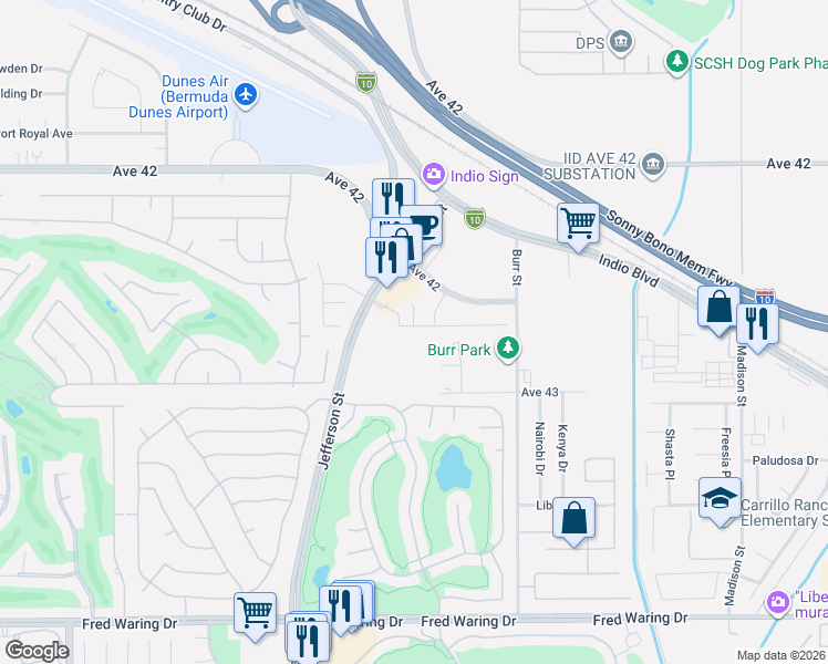 map of restaurants, bars, coffee shops, grocery stores, and more near 80519 Anacapa Drive in Indio