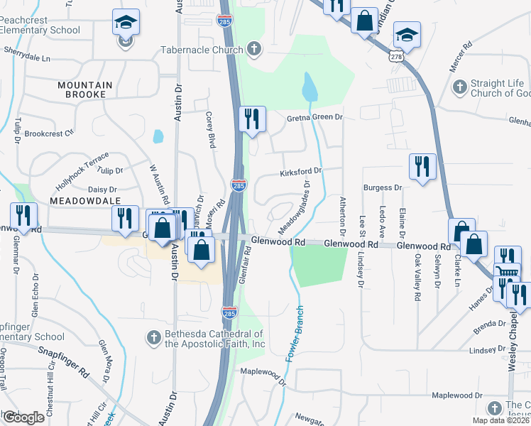 map of restaurants, bars, coffee shops, grocery stores, and more near 156 Glen Acres Court in Decatur