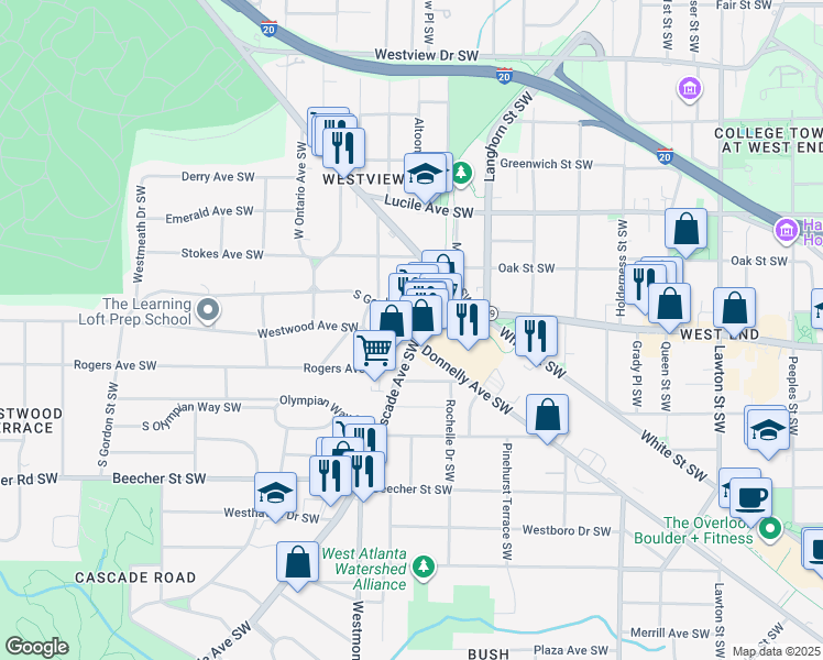 map of restaurants, bars, coffee shops, grocery stores, and more near 629 Cascade Rise Court Southwest in Atlanta