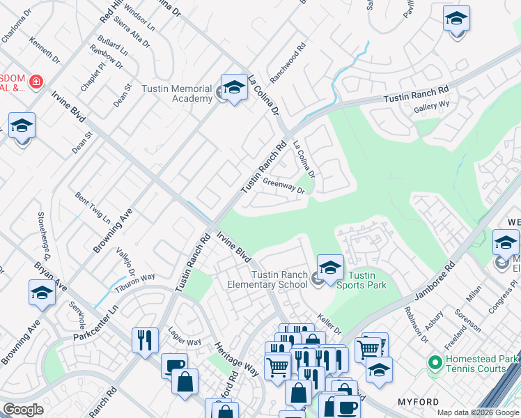 map of restaurants, bars, coffee shops, grocery stores, and more near 2348 Sunningdale Drive in Tustin