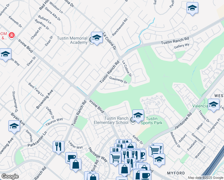 map of restaurants, bars, coffee shops, grocery stores, and more near 2376 Sunningdale Drive in Tustin