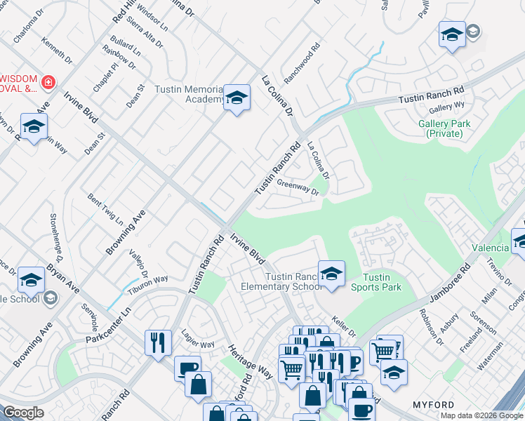 map of restaurants, bars, coffee shops, grocery stores, and more near 2312 Ternberry Court in Tustin