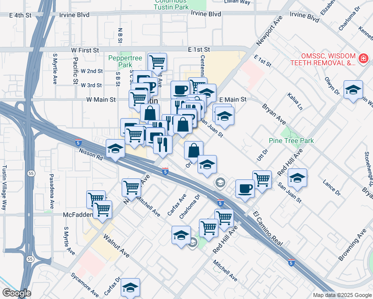 map of restaurants, bars, coffee shops, grocery stores, and more near 1074 Bonita Street in Tustin