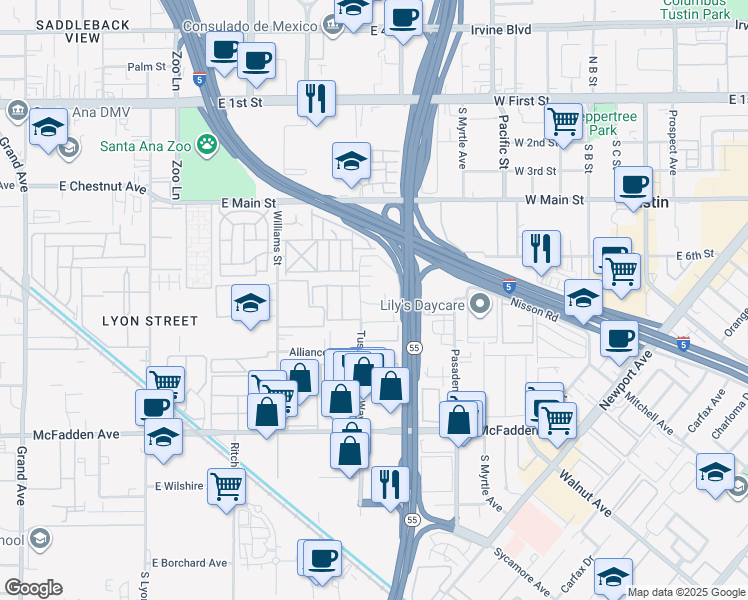 map of restaurants, bars, coffee shops, grocery stores, and more near 15520 Tustin Village Way in Tustin