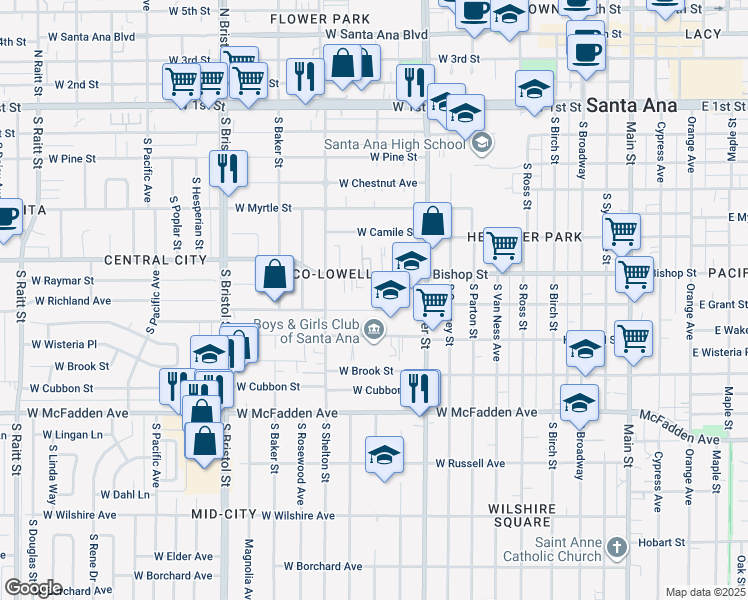 map of restaurants, bars, coffee shops, grocery stores, and more near 1012 West Richland Avenue in Santa Ana