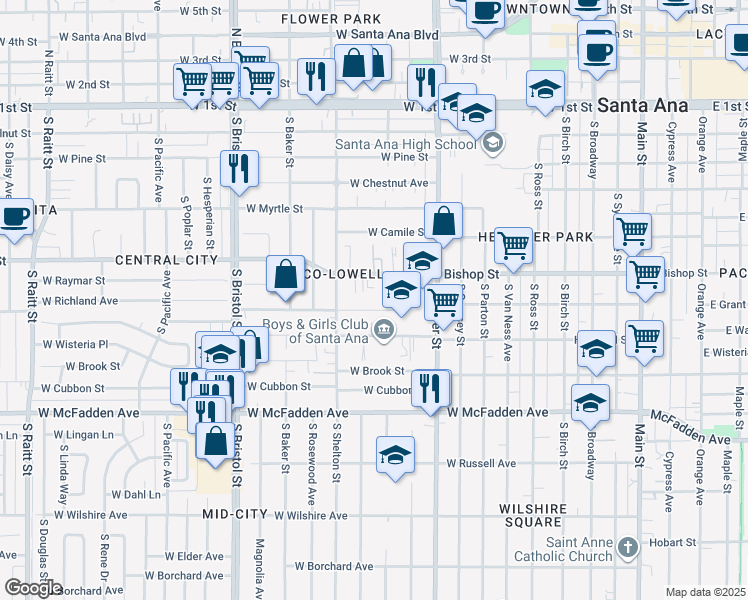 map of restaurants, bars, coffee shops, grocery stores, and more near 1012 West Richland Avenue in Santa Ana