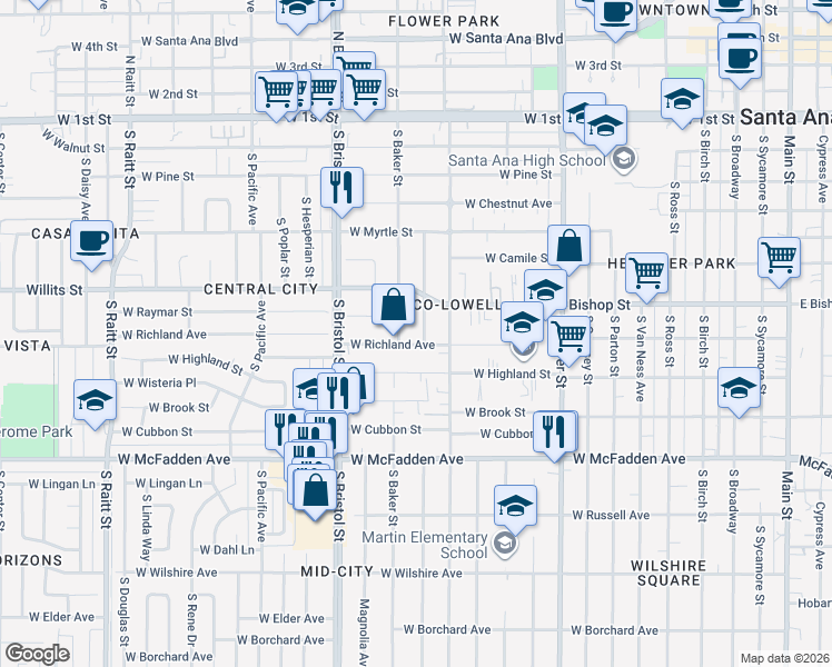 map of restaurants, bars, coffee shops, grocery stores, and more near 1126 West Richland Avenue in Santa Ana