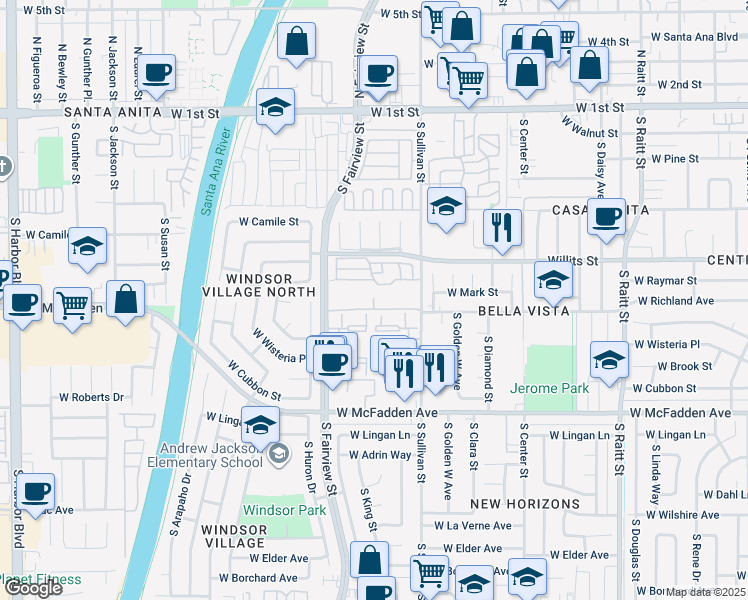 map of restaurants, bars, coffee shops, grocery stores, and more near 624 South Sullivan Street in Santa Ana