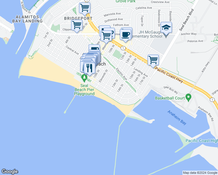 map of restaurants, bars, coffee shops, grocery stores, and more near 10 13th Street in Seal Beach